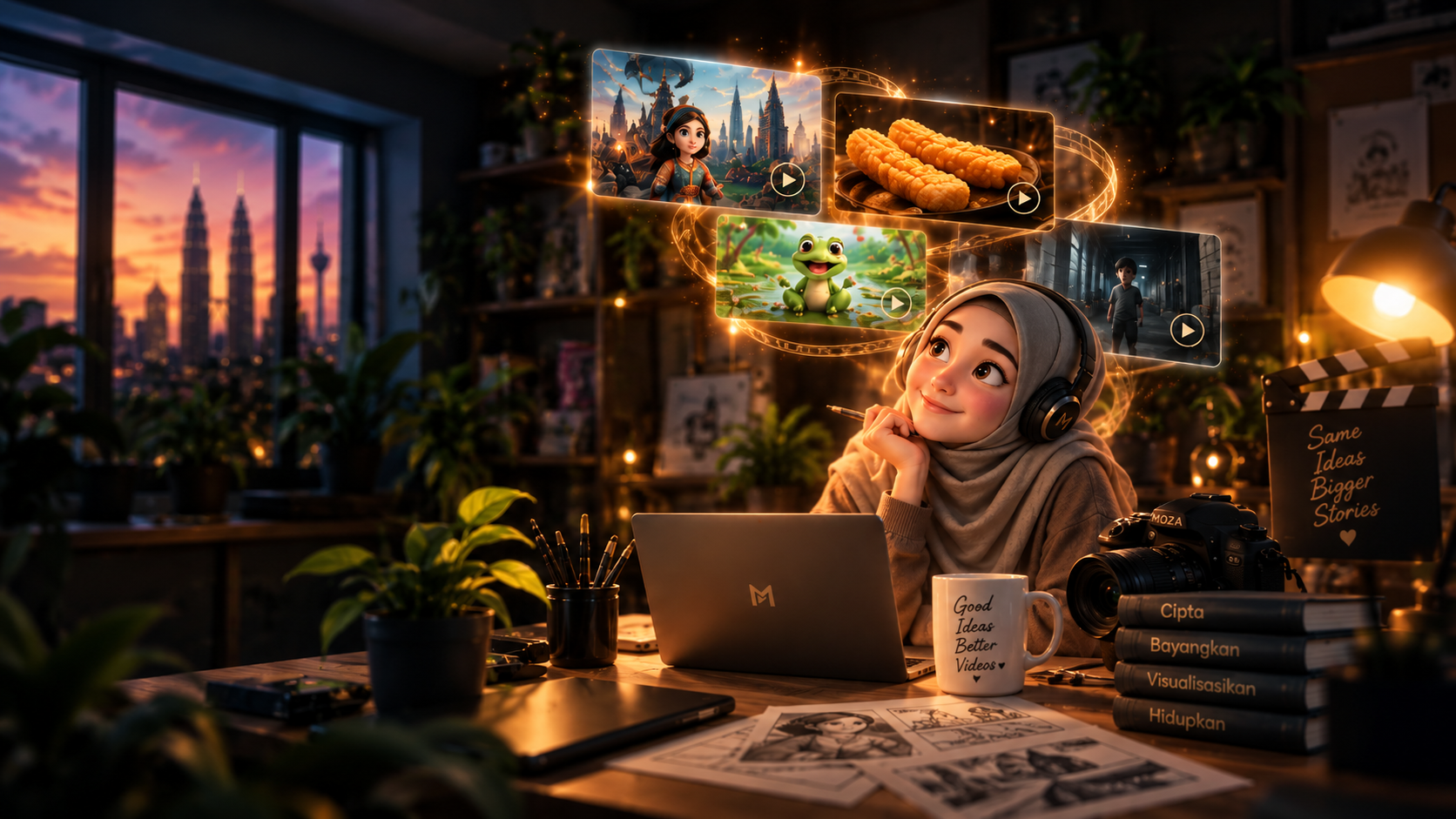 Ruang kerja kreatif sinematik untuk penghasilan video AI Moza Creatives